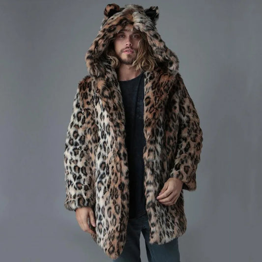 Men Faux Fur Jacket Winter Coat Thick Hooded Leopard Print Mid Length Warm Ears  - Main View