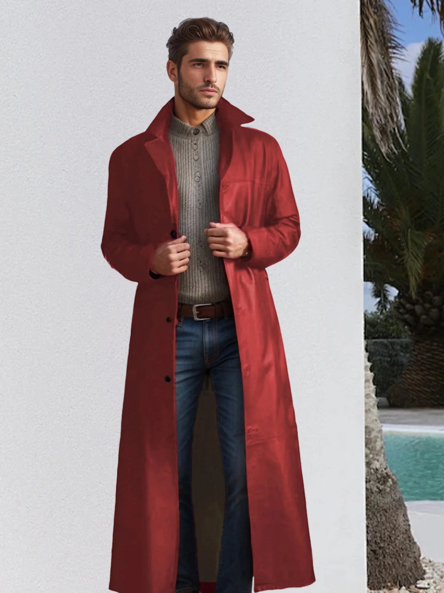 Men s Faux Leather Jacket Classic Lapel Collar Long Sleeve Button