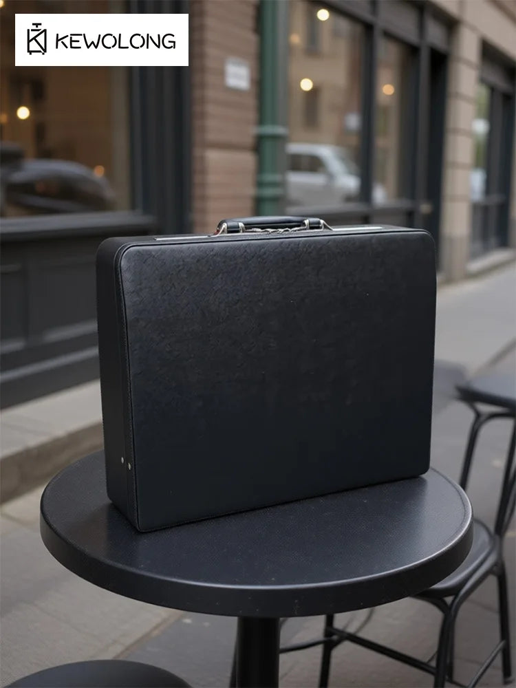 19 Inch Vintage Style Leather Briefcase, Combination Lock Document Case, Black Cross Texture File St - Additional view