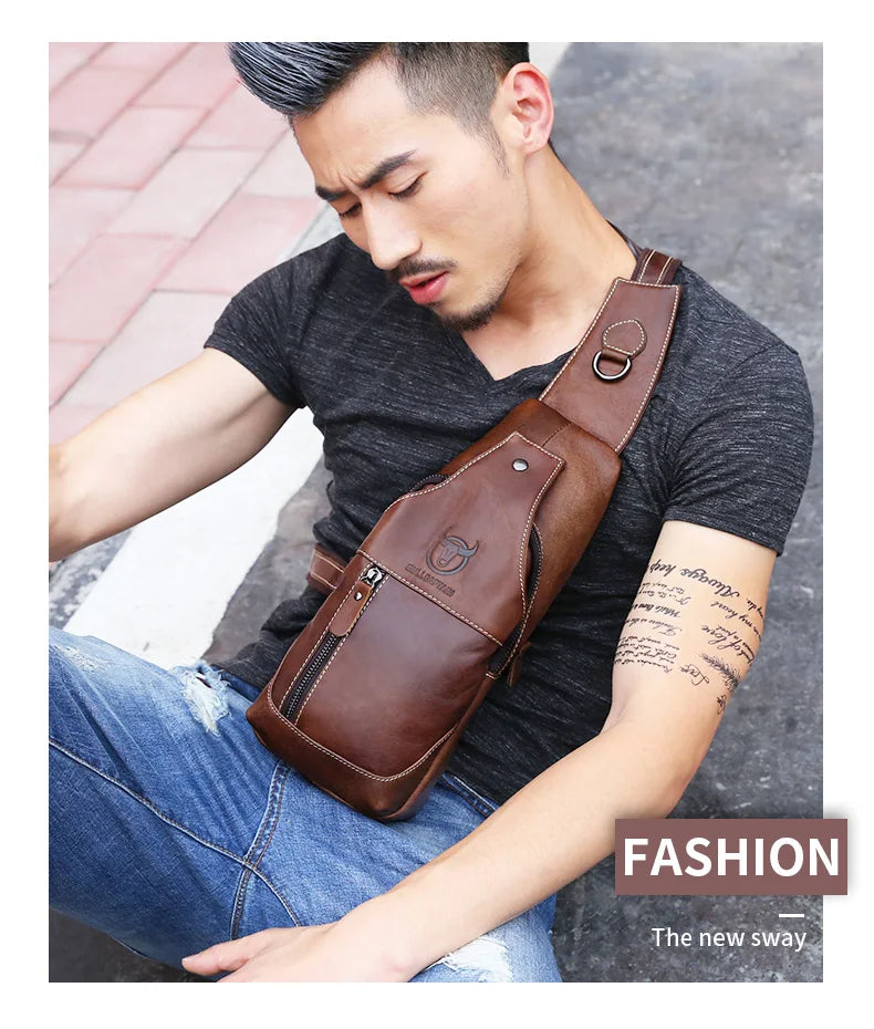 BULLCAPTAIN Genuine Leather Chest Bag Casual Triangle Crossbody