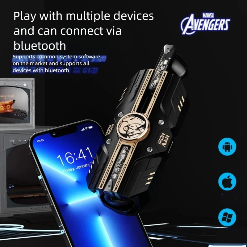 Gaming controller with smartphone displaying time, Marvel Avengers logo, and connectivity information.
