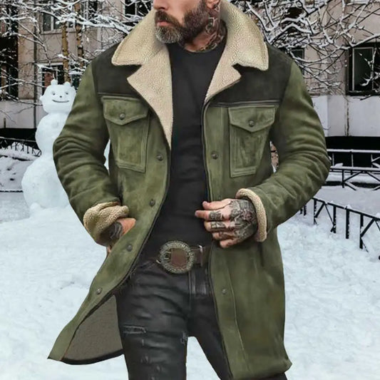 Suede Men Jacket Plush Lamb Wool Lining Lapel Winter Jacket Vintage Sheepskin Sh - Side View