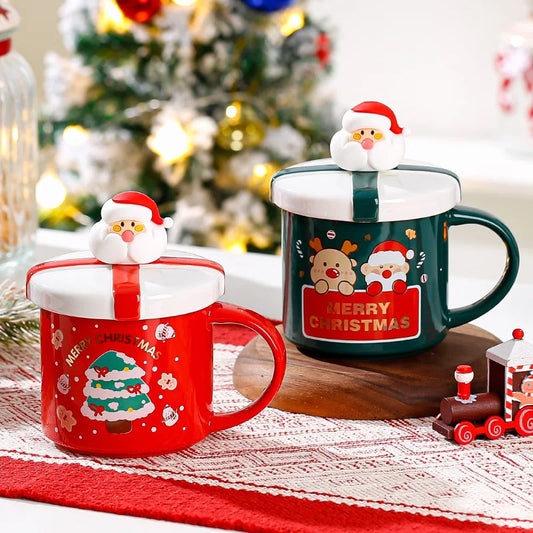 Christmas Mug With Lid and Spoon Santa Claus Ceramic Coffee Cup Elk Sn - Front View
