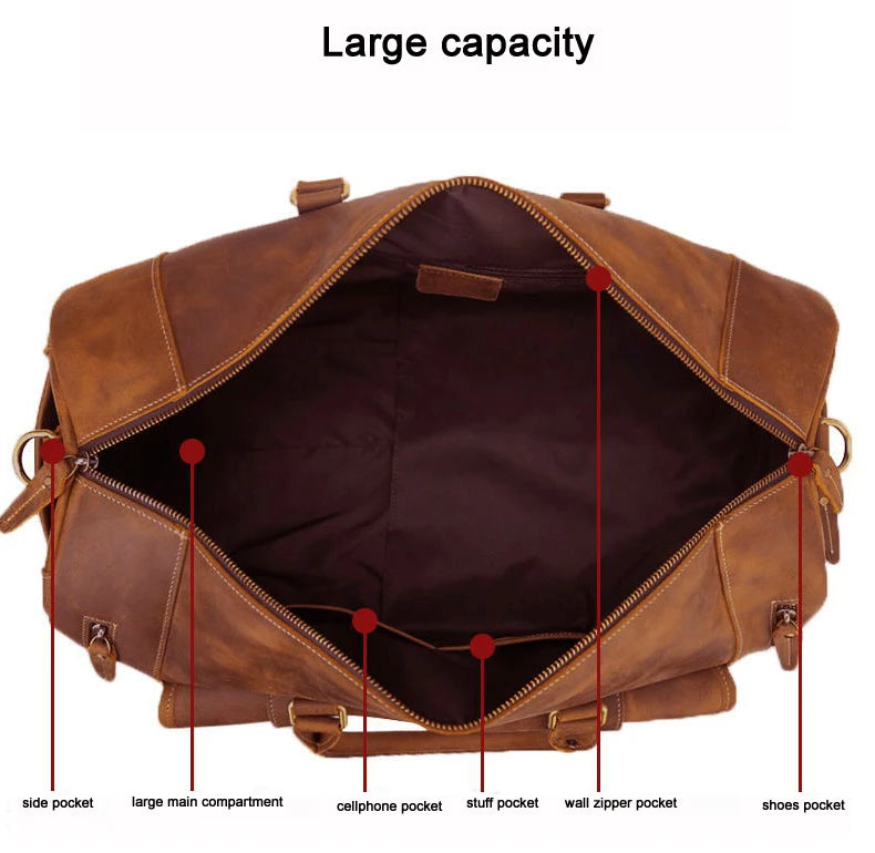 MUNUKI Vintage Crazy Horse Genuine Leather Travel bag Large Luggage