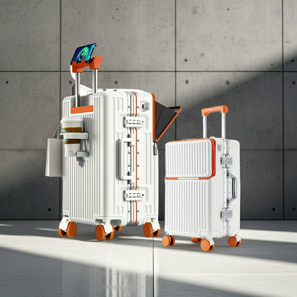 Aluminium Frame Suitcase - Front Opening USB Cup Holder Travel